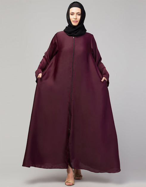 Chic Front-Open Zip Abaya for Daily Wear In the Shade Of Wine